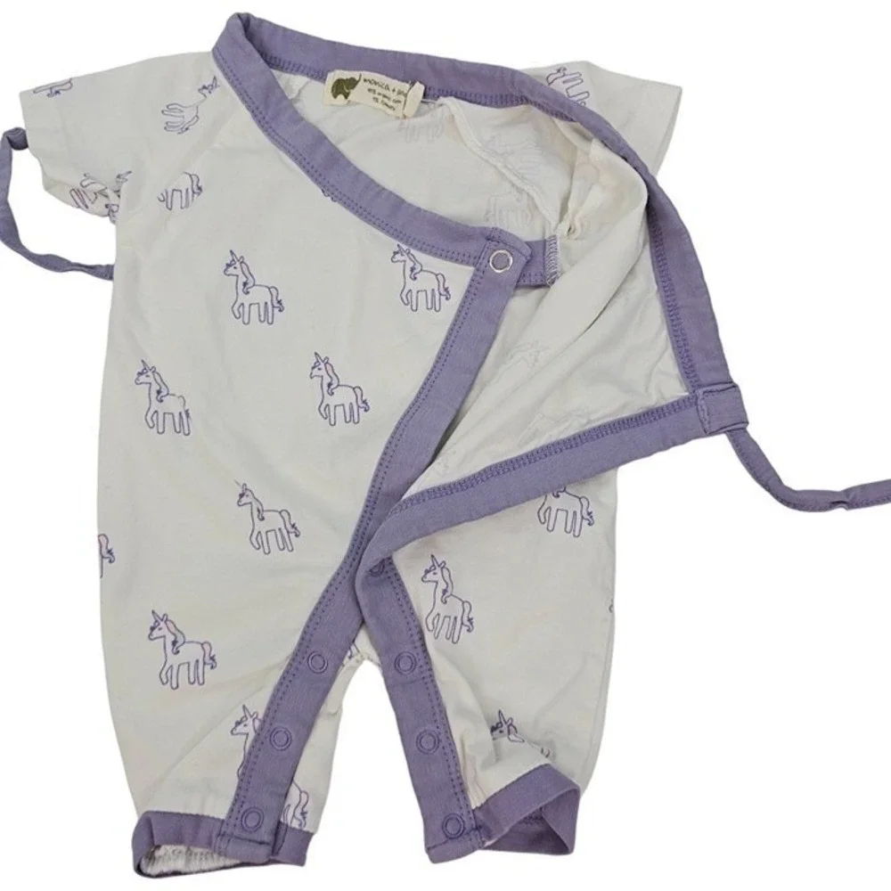 Baby 0-3M Monica + Andy Kimono Romper Set Purple Hearts Unicorn Organic Cotton‎